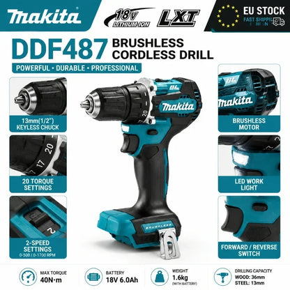 Trapano Avvitatore a Batteria Makita 18V LXT Brushless DDF487 10mm ad Alta Coppia + Batteria BL1860B BL1840 - Spedizione Veloce da Magazzino EU