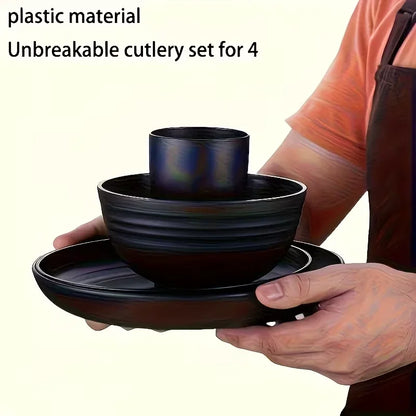 Set di Stoviglie in Plastica da 16/32 Pezzi, Include Piatti Piani, Piattini da Dessert, Ciotole e Tazze, per Uso Domestico e Ristorazione