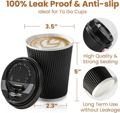 Tazze da caffè usa e getta nere da 12 OZ con coperchi Tazze ondulate a tripla parete per andare a caldo Bicchieri di carta isolati per bevande calde Home Office