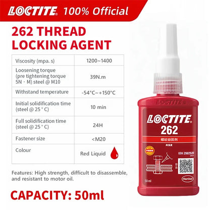 100% originale Loctite 262 Colla per viti Rosso Frenafiletti ad alta resistenza Colla anaerobica Fissatore per viti