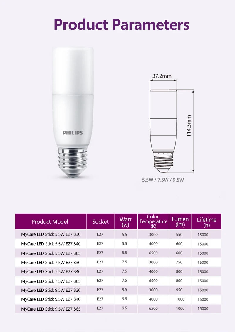Philips LED Stick E27 Lampadine MyCare 5.5W 7.5W 9.5W Luce interna 220-240V 4000K 6500K Lampadina EyeComfort bianca No Glare, 1x