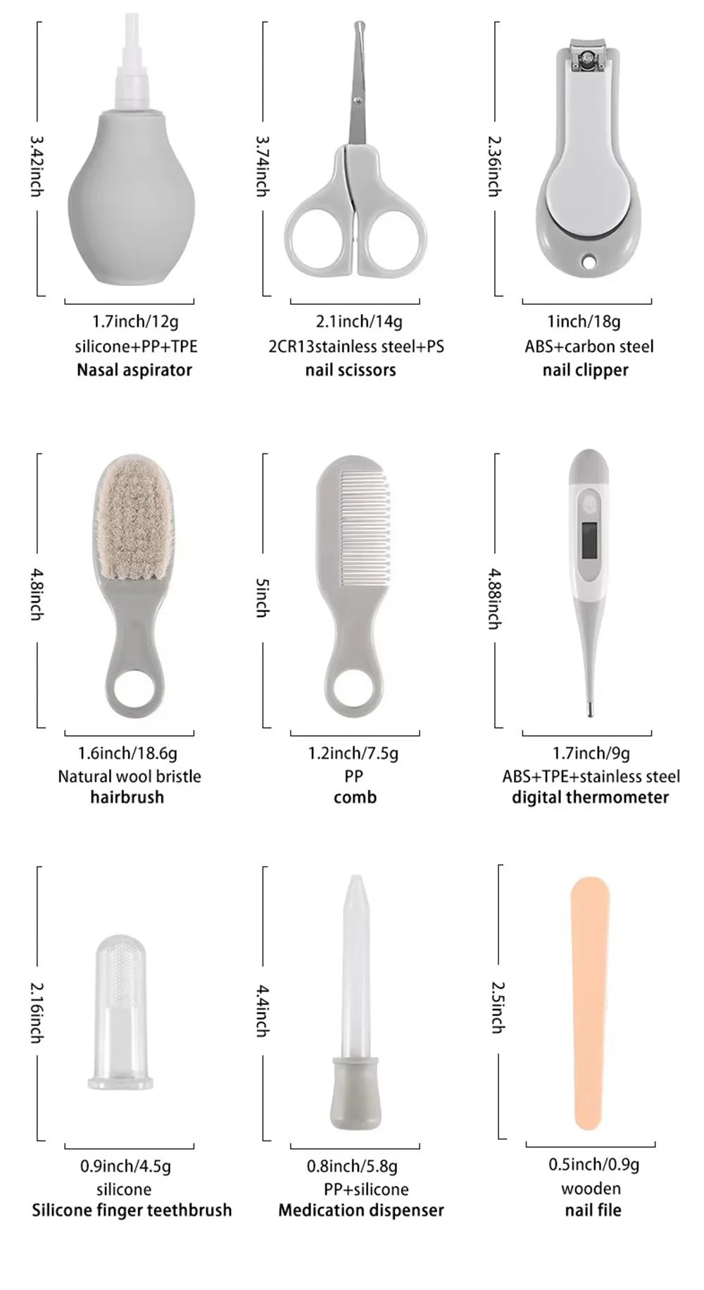Kit per la Cura del Neonato 9 Pezzi con Tagliaunghie, Spazzola per Capelli, Pettine, Termometro, Set Essenziale per l'Igiene del Bambino, Kit da Viaggio