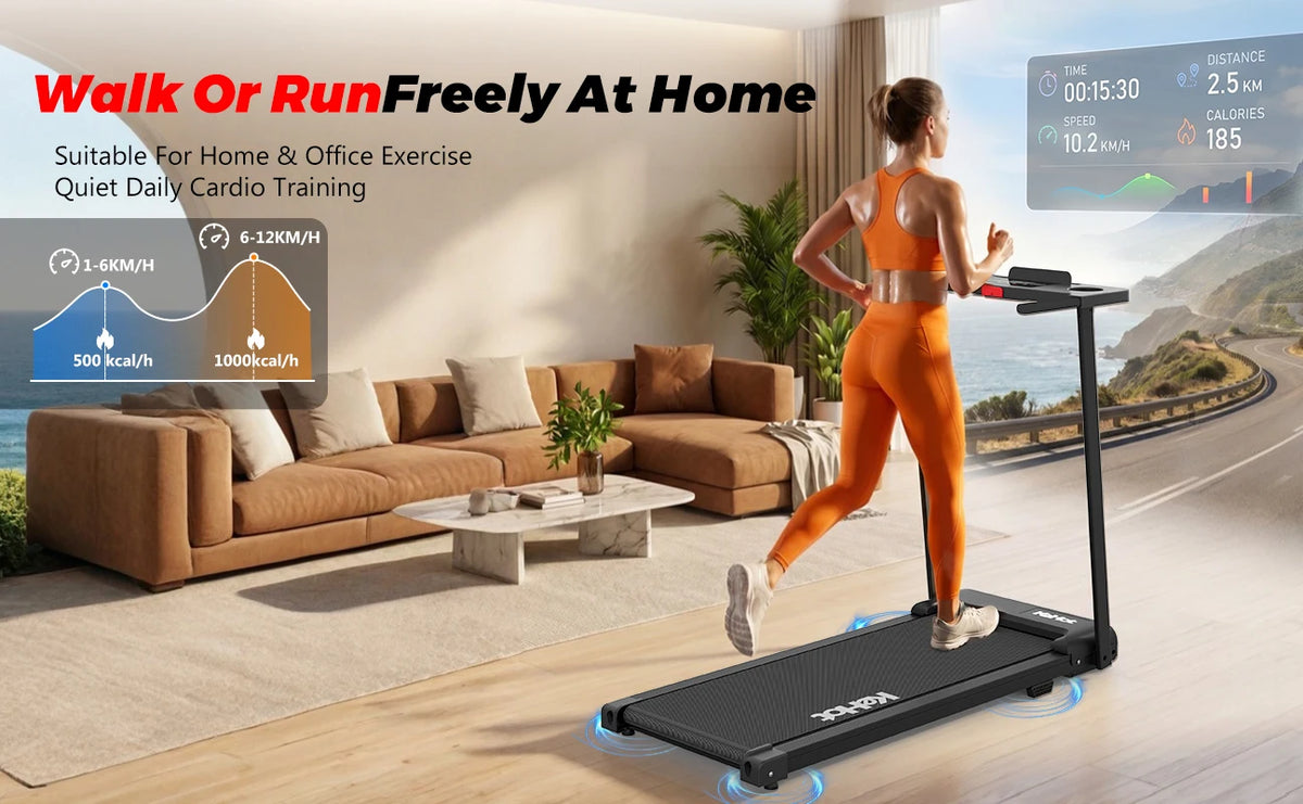 Tapis Roulant Pieghevole 2-in-1 con Controllo APP e Altoparlante Bluetooth, Macchina per Camminare e Correre a Casa 1-12km/h, Motore da 2.0HP di Potenza Massima, Display LED, 12 Programmi Preimpostati, Attrezzatura Fitness Pi