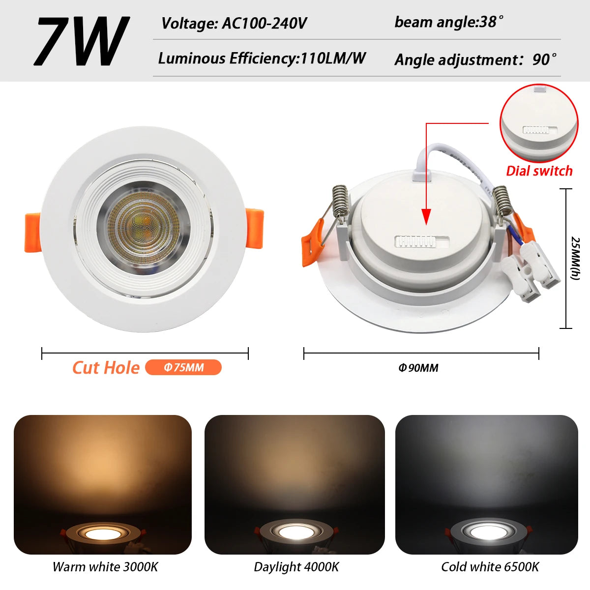 Faretto Orientabile 7W con Regolazione Colore 3000K 4000K 6000K, Illuminazione CCT 7W, Sostituzione Downlight per Illuminazione Direzionale Domestica (1-10 Pezzi)