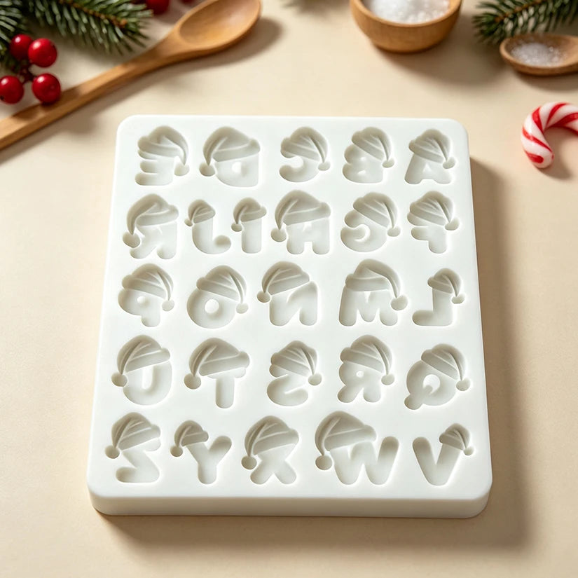 Stampo in silicone a forma di cappello di Babbo Natale con alfabeto e numeri per decorazioni in zucchero, resina, cupcake, pasticceria e decorazione di torte
