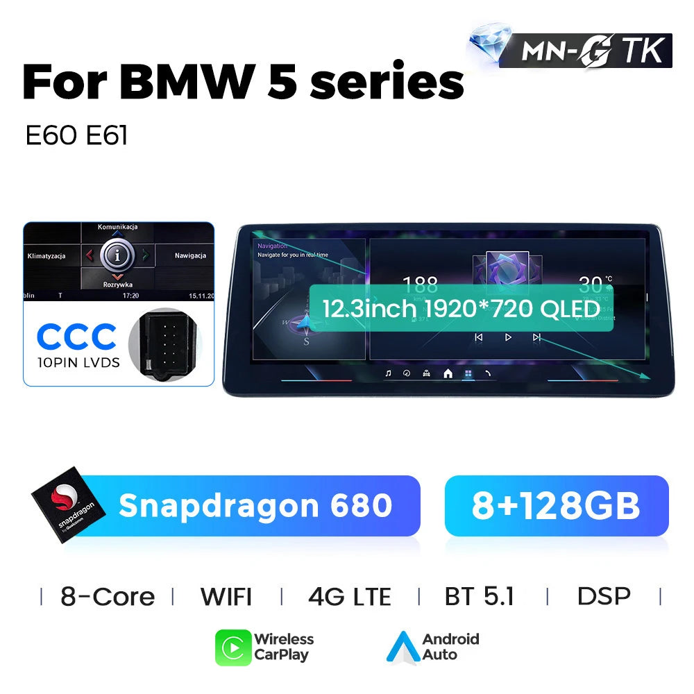 Mekede 10.25/12.3 pollici QLED Android 14 Snapdragon 128GB ROM CarPlay Wireless Auto Multimedia per BMW Serie 5 E60 E61 E62 E63 E64 Sistema CCC CIC Navigazione GPS Doppio BT 4G WiFi DSP