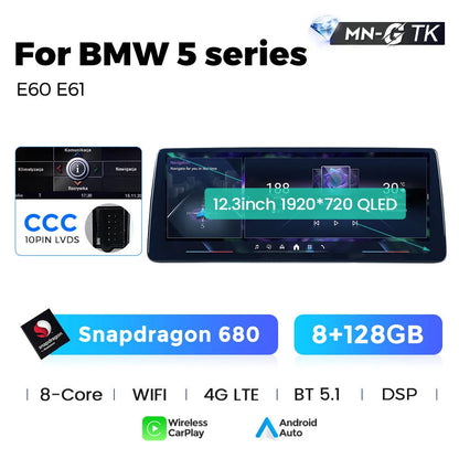 Mekede 10.25/12.3 pollici QLED Android 14 Snapdragon 128GB ROM CarPlay Wireless Auto Multimedia per BMW Serie 5 E60 E61 E62 E63 E64 Sistema CCC CIC Navigazione GPS Doppio BT 4G WiFi DSP