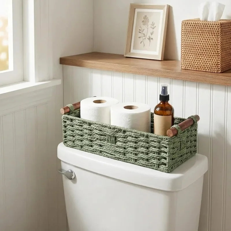 Cesto portaoggetti in legno massello con manico in corda di carta intrecciata in stile forestale, organizer per la cura del bagno e del lavabo, cesti da ripiano