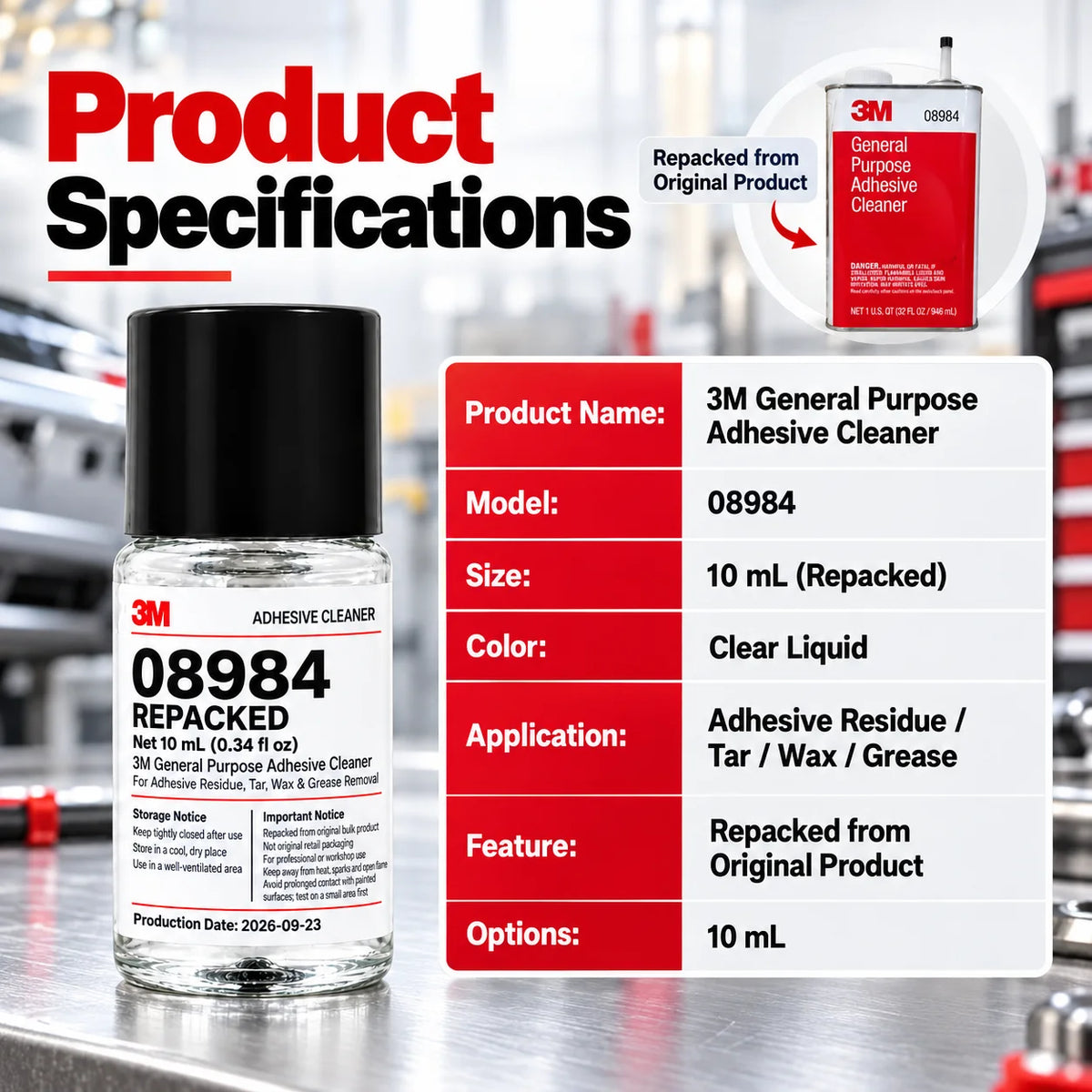 3M 08984 Detergente Rimuovi Adesivi 10mL Ricompresso, Rimuovi Residui di Colla, Adesivi, Catrame, Cera e Grasso per Officina di Detailing Auto