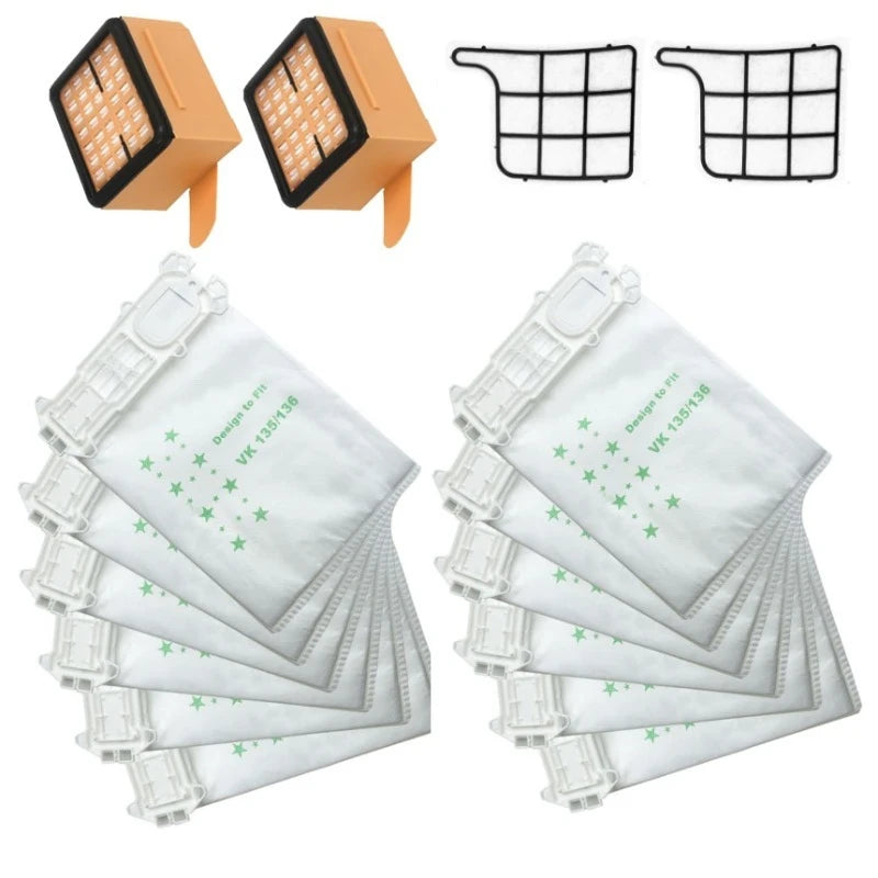 2 filtri per motore, 12 sacchetti per la polvere, 2 filtri per aspirapolvere Vorwerk Folletto VK135 VK136, accessori di ricambio per la pulizia.