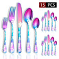 Set di posate in acciaio inossidabile con incisione laser Rose Cat, 4/15/25/40 pezzi, coltello, forchetta, cucchiaio, per coppie, stoviglie per feste