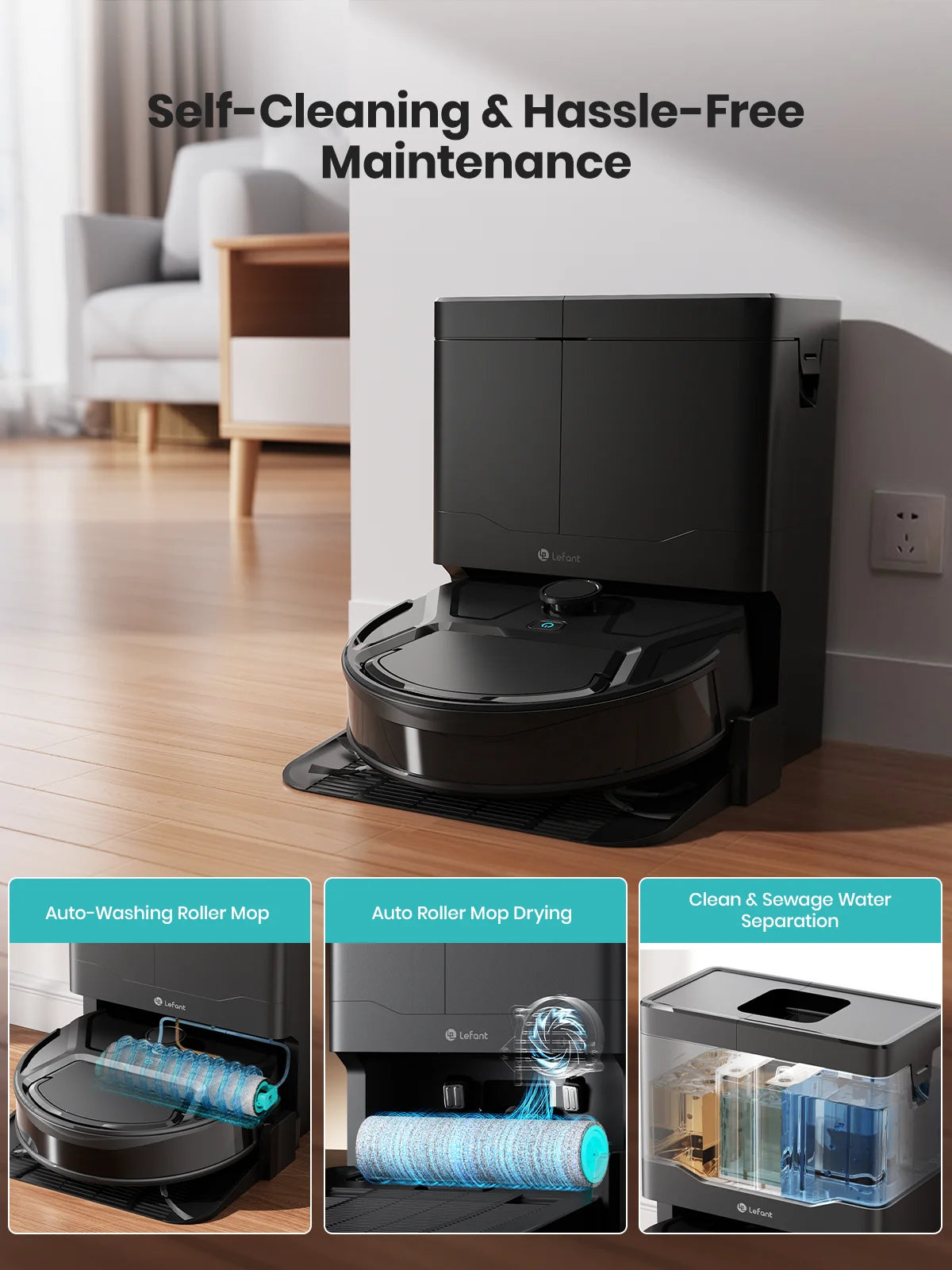 Robot aspirapolvere Lefant M265 con mappatura, 18000 Pa, rullo autopulente, lavaggio con acqua pulita, laser dToF, evita PSD, anti-groviglio, compatto, WiFi 2.4G/5G/Alexa/APP