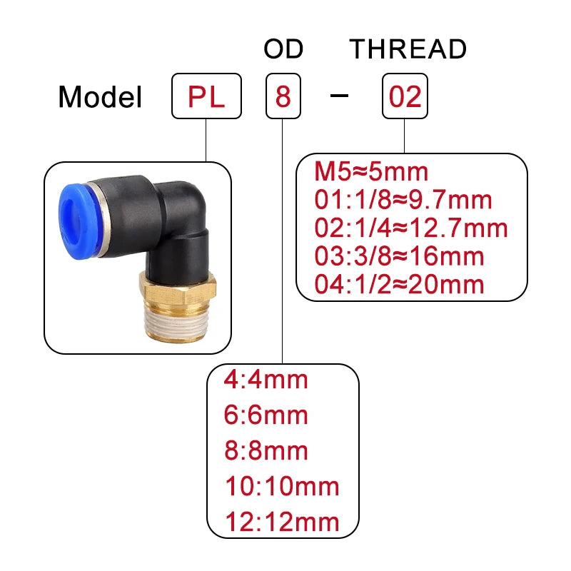 Set di 5 connettori pneumatici a gomito con filettatura maschio da 1/8', 1/4', 3/8', 1/2' per tubi dell'aria da 4/6/8/10/12 mm