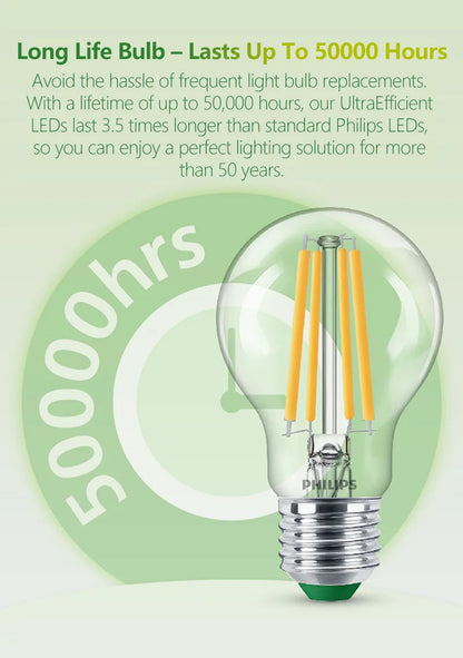 Philips Lampadina a filamento LED ultra efficiente Trasparente A60 E27 Vite Edison 2,5 W 4 W Lampada LED in vetro classico Colore bianco Risparmio energetico 1x