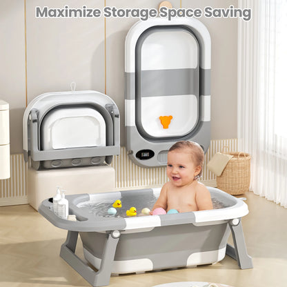 Vasca da bagno per neonati con foro di scarico, pieghevole, con cuscino morbido, portatile da viaggio, antiscivolo integrato