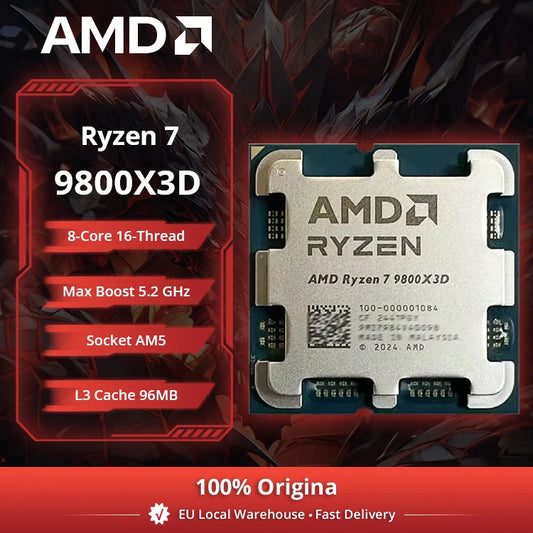 Processore AMD Ryzen 7 9800X3D 8-Core, 5.2GHz Max Boost, 96MB Cache L3, 120W TDP, Socket AM5, Dissipatore Non Incluso