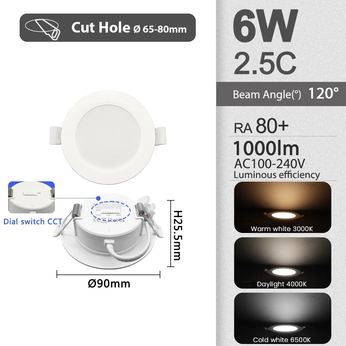Confezione da 1-10 Faretti LED 3 CCT con Cambio Colore 3000K 4000K 6500K AC 110V 220V, Luce da Soffitto 6W 10W 14W 17W 20W 24W per Casa e Ingresso