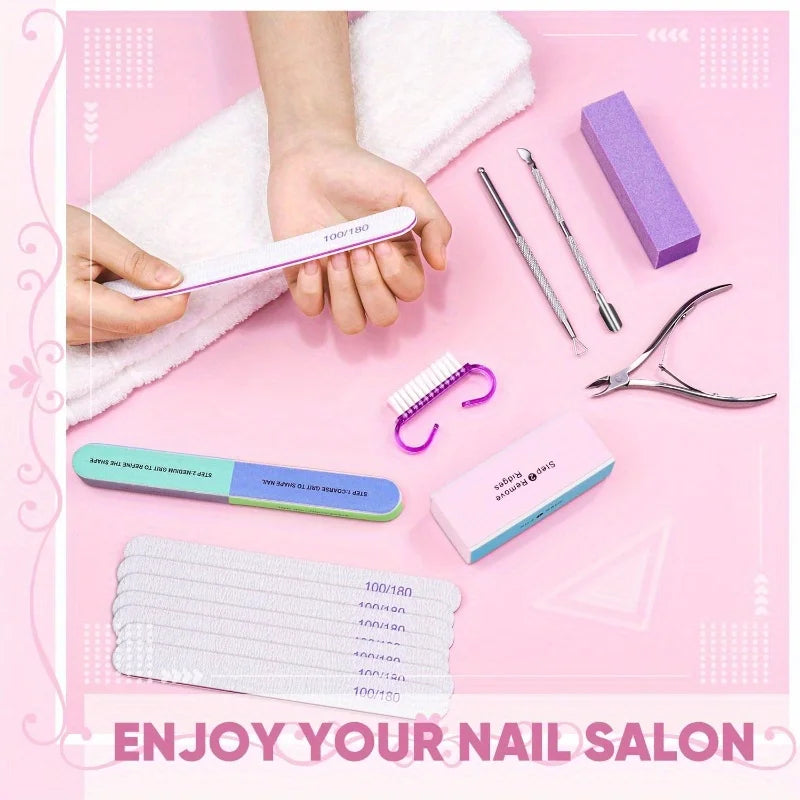 Kit Professionale per Nail Art da 10/15 Pezzi con Lime Grana 100/180, Spugna Buffer, Pennello, Forbici, Tronchesine per Cuticole, Spingicuticole, Strumenti per Gel Polish