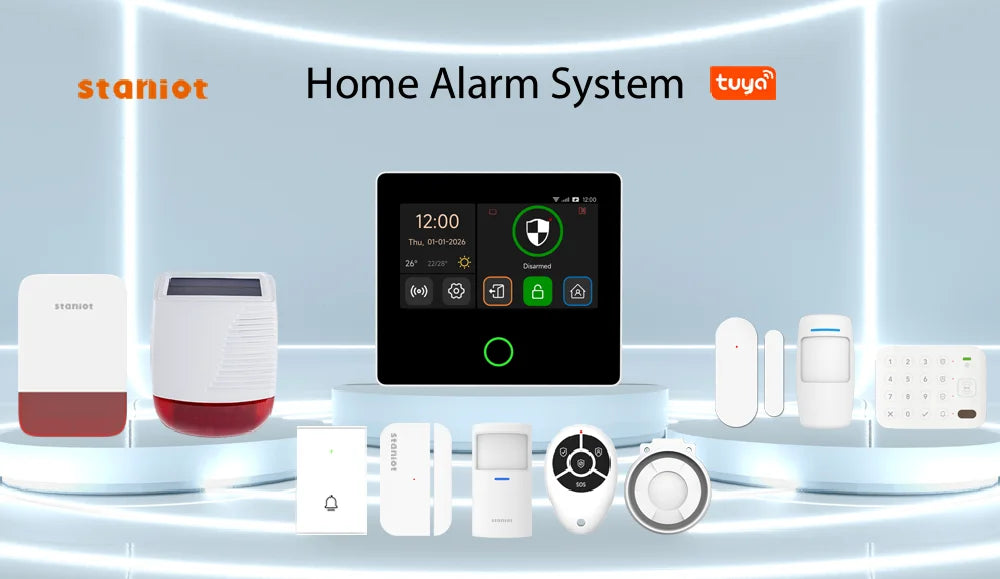 Staniot WiFi SecPanel 5 sistema di allarme domestico Wireless Tuya Smart 4.3 "Kit di sicurezza Touch Screen sirena integrata APP telecomando,Batteria integrata da 1500 mAh, supporto per Alexa