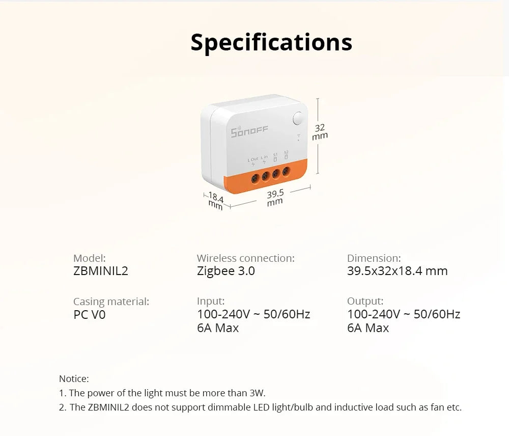 SONOFF ZBMINI L2 Zigbee Zbminil2 Interruttore smart Zigbee Mini L2 Nessun cavo neutro richiesto Controllo bidirezionale a 1 gruppo Alexa Google Home