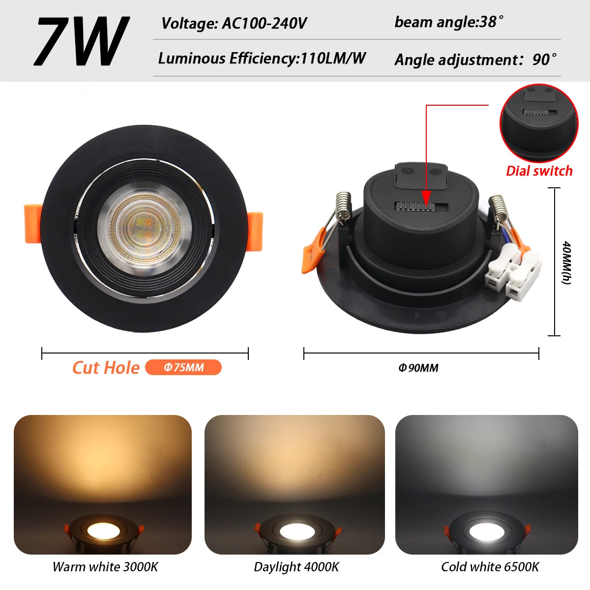 Faretto Orientabile 7W con Regolazione Colore 3000K 4000K 6000K, Illuminazione CCT 7W, Sostituzione Downlight per Illuminazione Direzionale Domestica (1-10 Pezzi)