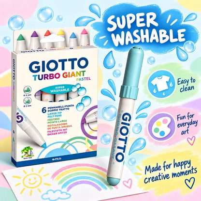 GIOTTO Set da 6 Pennarelli Pastello Turbo Giant Super Lavabili con Punta Larga in Feltro per Disegno, Colorazione, Progetti Artistici Scolastici per Bambini