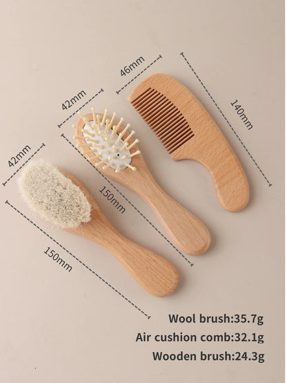 Spazzola per Capelli Neonato con Panda Inciso, in Lana Naturale e Legno, con Cuscino d'Aria, Regalo per Neonato