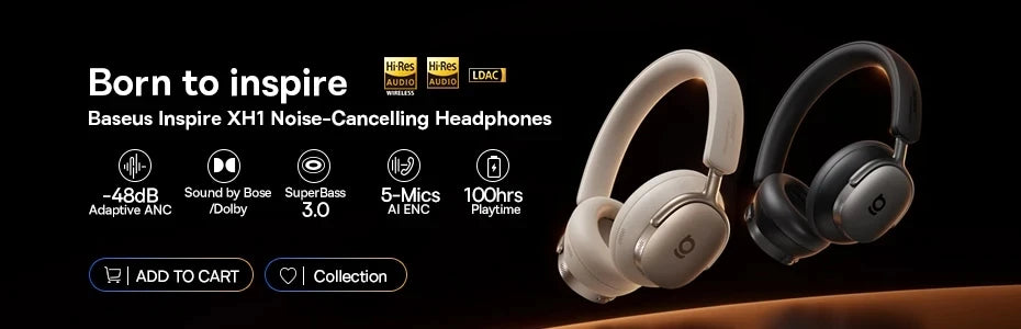 Cuffie Wireless ANC Baseus 80H, Auricolari Over-Ear con 95% di Cancellazione del Rumore, Cuffie Bluetooth 6.0 BH1 NC LITE