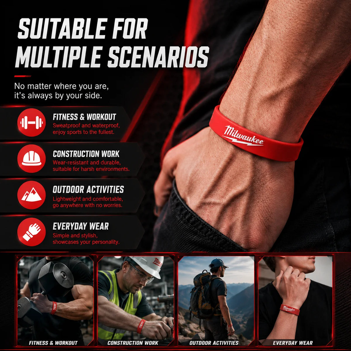 Braccialetto Sportivo in Gomma Milwaukee Tool Decor per Coppie, Basket e Fitness