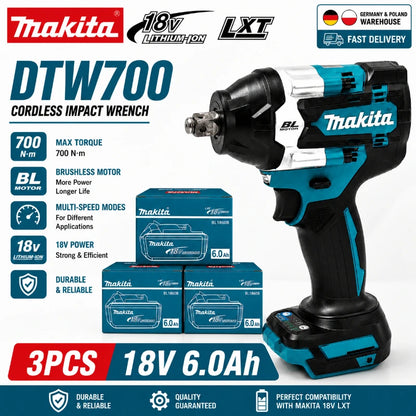 Avvitatore a impulsi Makita DTW700 a batteria 18V Brushless 700Nm, pistola a impulsi elettrica ad alta coppia con attacco da 1/2 pollice, velocità variabile, Auto-Stop per BL1830 BL1840 BL1850 BL1860B, spedizione rapida UE