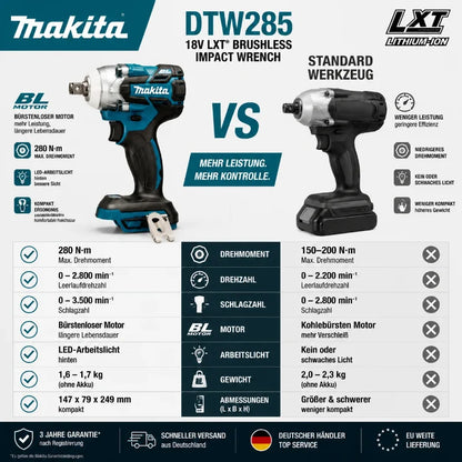 Makita DTW285 Avvitatore a Impulsi 18V 320N·m Senza Spazzole Senza Fili + Batteria 6.0Ah Utensile Elettrico ad Alta Coppia Disponibilità EU Spedizione 1-3 Giorni