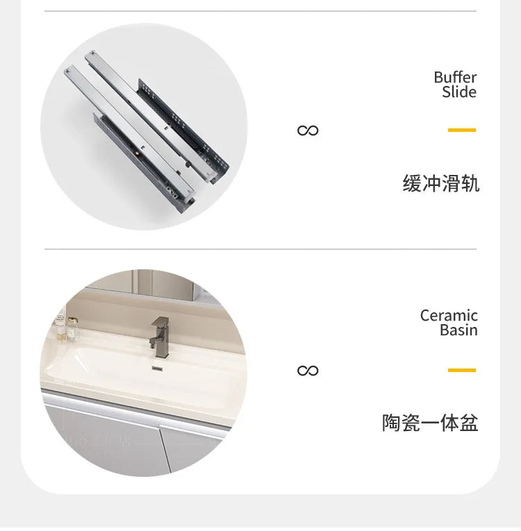 Mobile Bagno Moderno Intelligente con Lavabo Integrato in Ceramica, Armadietti in Rovere, Specchio LED e Mobiletto - Arredamento Bagno