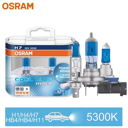 OSRAM H7 H4 H1 H11 HB3 9005 HB4 9006 Lampadina Alogena per Fari Auto, Luce Abbagliante/Anabbagliante 5300K 12V 55W, Bianco Hyper Cool Blue (2 Pezzi)