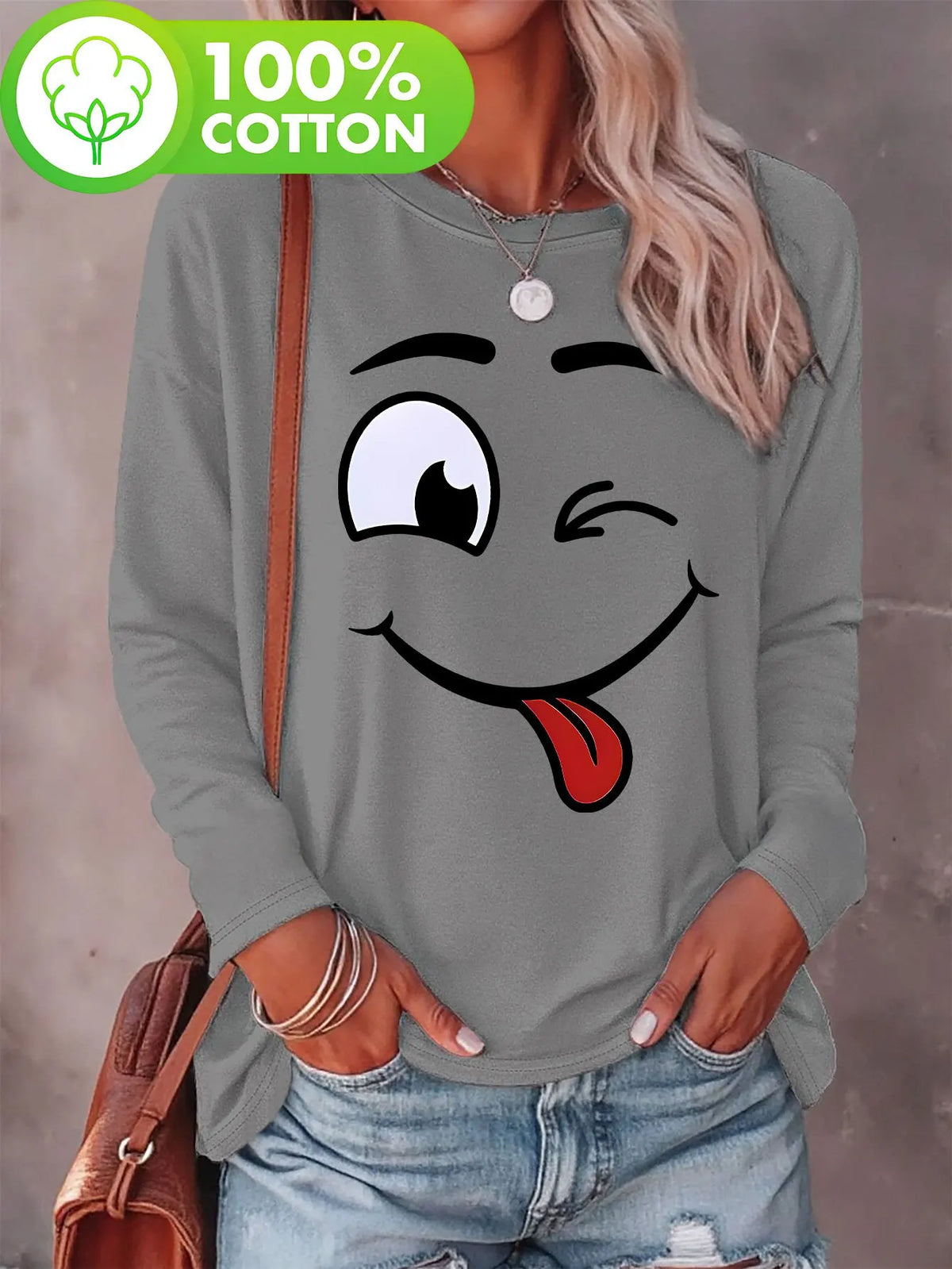 T-shirt da donna in 100% puro cotone, ideale per la primavera e l'autunno, comoda, casual, alla moda, con maniche lunghe, stampa grafica a tema felino e scollo rotondo.