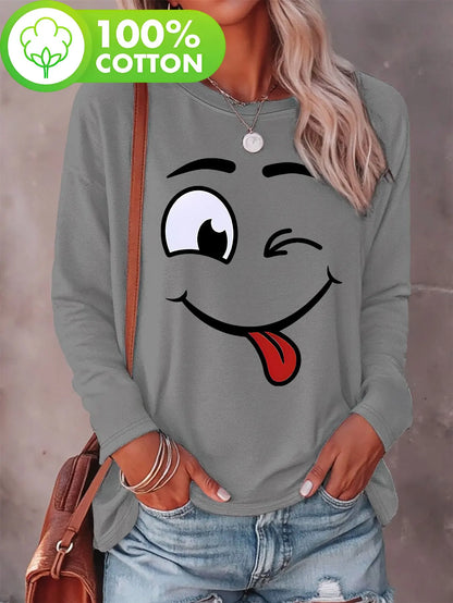 T-shirt da donna in 100% puro cotone, ideale per la primavera e l'autunno, comoda, casual, alla moda, con maniche lunghe, stampa grafica a tema felino e scollo rotondo.
