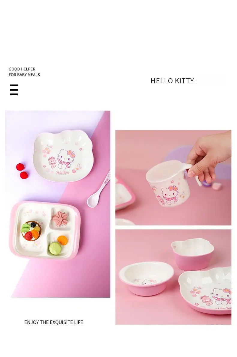Set di stoviglie in melamina Hello Kitty per bambini - Ciotole, piatti, cucchiai e tazze anti-scottatura con simpatico design a cartoni animati