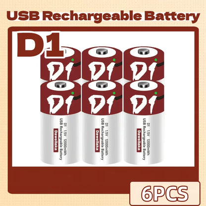 Batteria agli ioni di litio da 1,5 V formato D, 12000 mWh, ricaricabile tramite USB per torce, scaldabagni, giocattoli, include cavo di ricarica gratuito