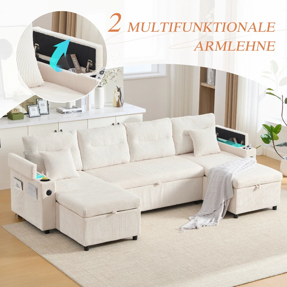 Divano in Velluto a 4 Posti con Vano Portaoggetti Integrato e Portabevande, Divano Moderno con Porte USB e Funzione Letto Estensibile