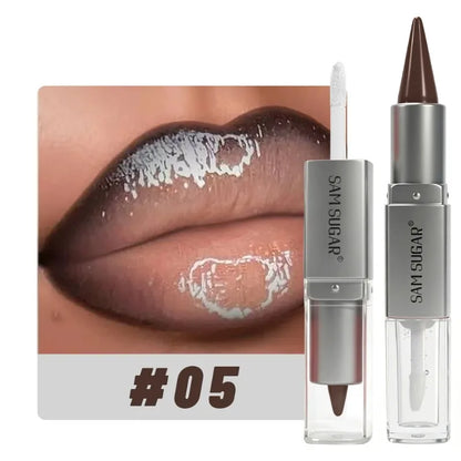 Matita Labbra 2-in-1 Sfumata Marrone Nude con Lucidalabbra Effetto Specchio e Contorno Labbra Opaco Impermeabile per Trucco