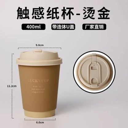 50 pz 330/400/500 ml Bicchieri di carta usa e getta Marrone Stampa a caldo Tazza di tè al latte con coperchio Boccale di caffè per bevande calde e fredde a doppio strato