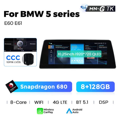 Mekede 10.25/12.3 pollici QLED Android 14 Snapdragon 128GB ROM CarPlay Wireless Auto Multimedia per BMW Serie 5 E60 E61 E62 E63 E64 Sistema CCC CIC Navigazione GPS Doppio BT 4G WiFi DSP