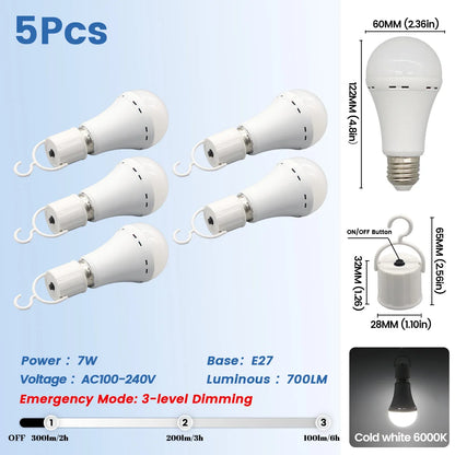 Lampadina LED ricaricabile E27 7W 1500mAh 220V 110V Lampadina di emergenza per alimentazione domestica Lampada da giardino per portico da campeggio in guasto all'aperto
