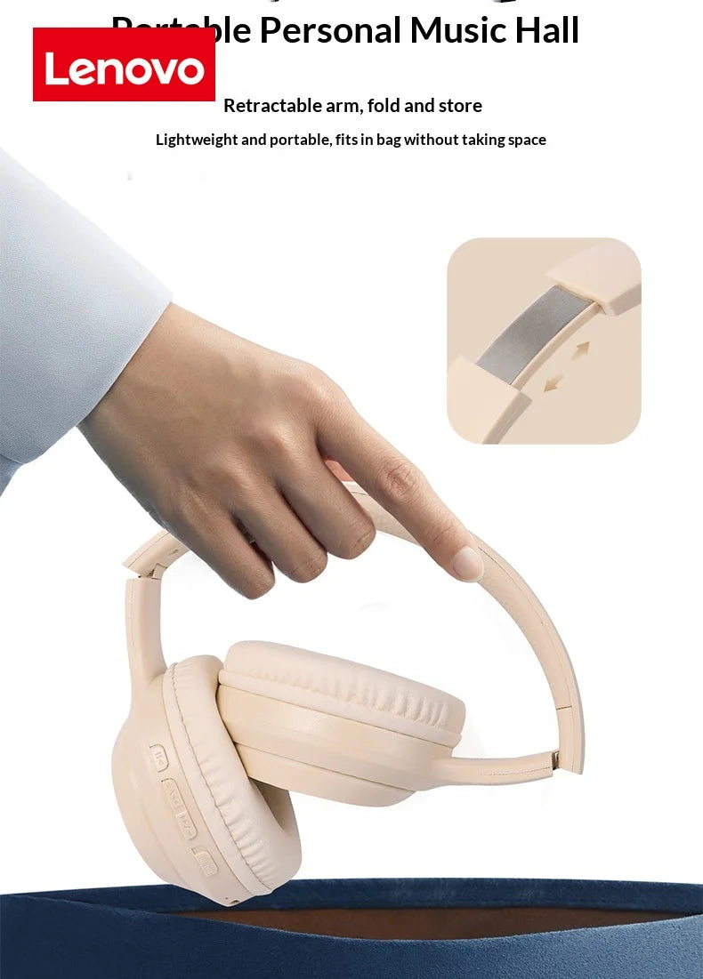 Nuove Cuffie Pieghevoli Wireless Lenovo Over-ear Bluetooth 5.3, Auricolari per Giochi, Cuffie Sportive con Microfono, Auricolari Musicali