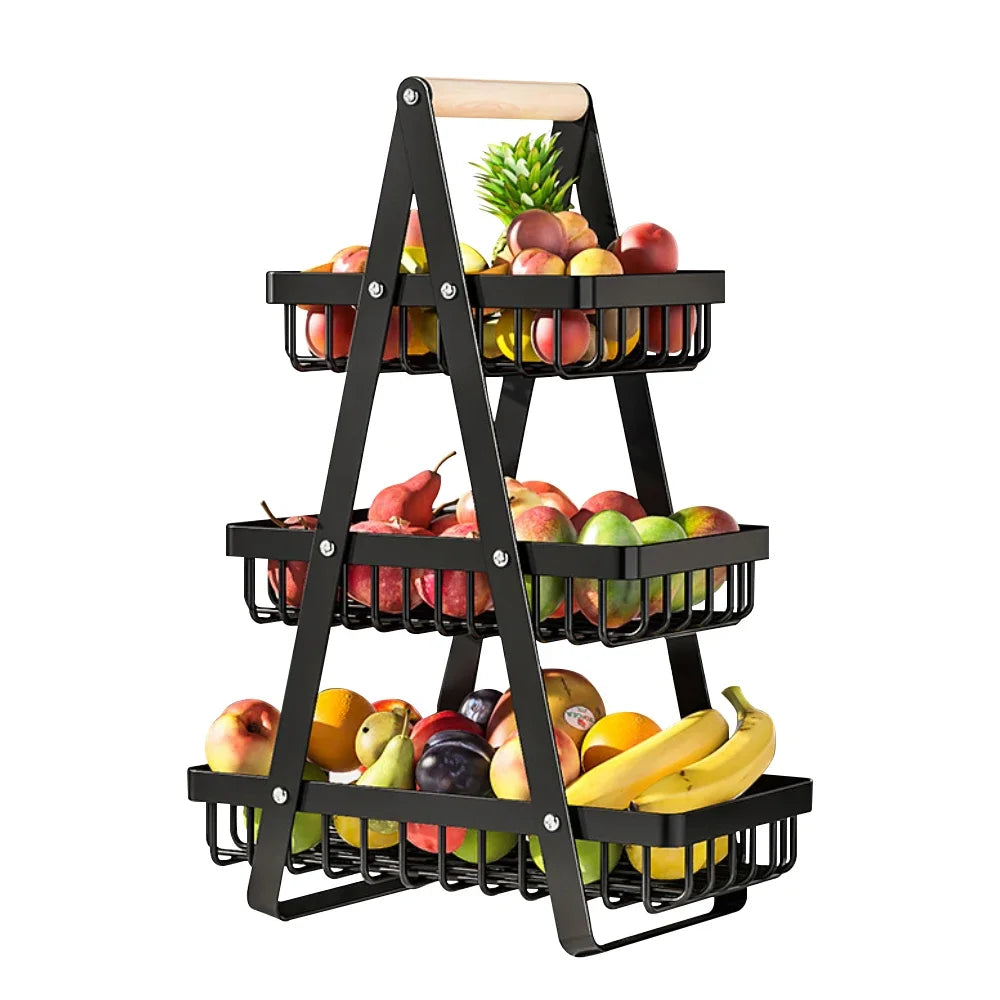 Cestino portafrutta e verdura a 2 e 3 livelli con manico in legno, ciotola multifunzionale in metallo per frutta e verdura, supporto per pane e snack, scaffale organizzatore per prodotti alimentari, espositore per alimenti da