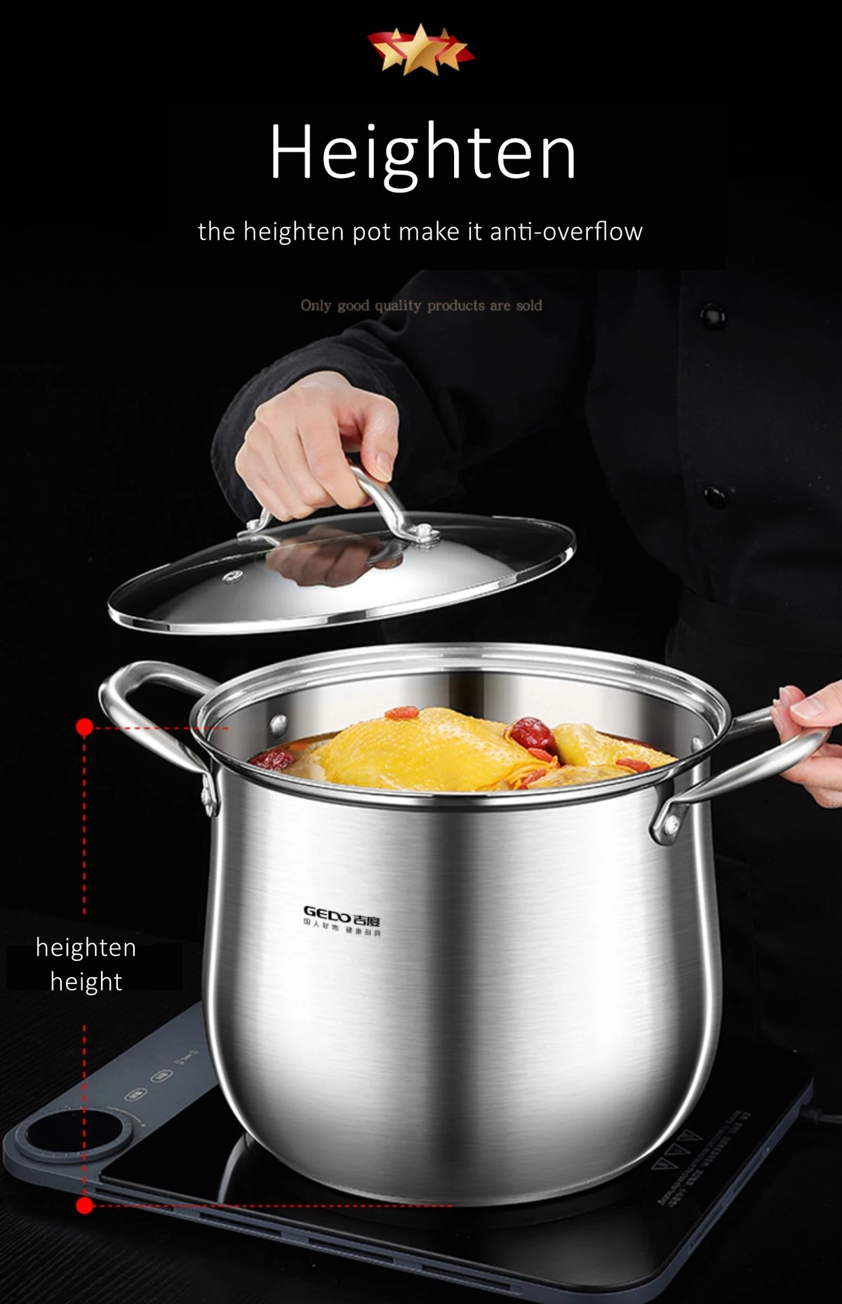 Pentola in acciaio inossidabile 304 da 24 cm di diametro Certificazione LFGB Pentola per stufato Pentola ultra spessa Stampaggio integrato Pentola per bollitura da cucina