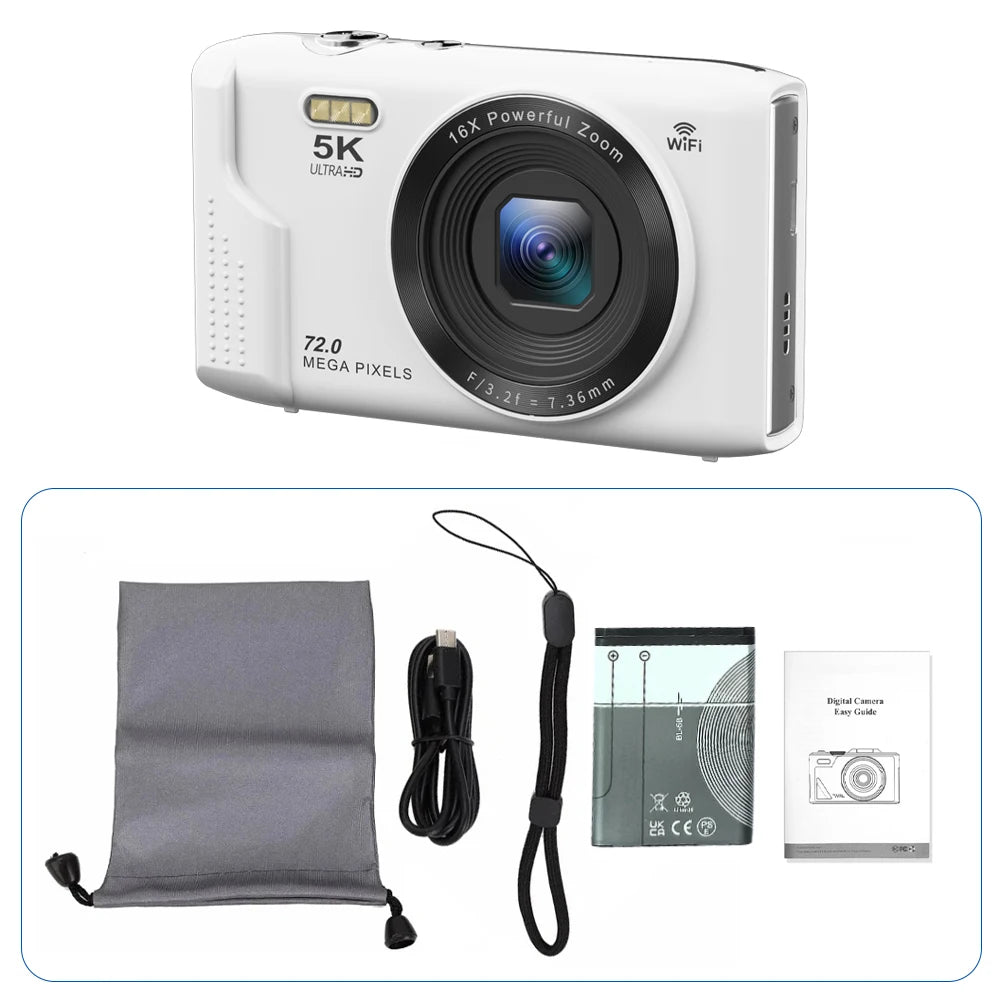 Ourlife Fotocamera digitale compatta 5K 72MP Schermo LCD da 2,8 '' Zoom digitale 16X Fotografia vintage Videoregistratore Vlog YouTube
