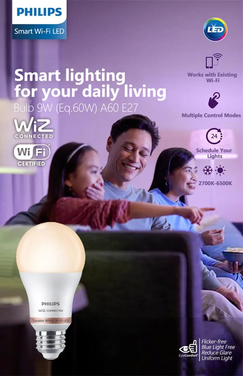 Philips LED Wi-Fi bianco sintonizzabile 8W A60 E27 Lampadina intelligente 220-240V Controllo app WiZ Lampada dimmerabile EyeComfort di colore bianco caldo per freddo