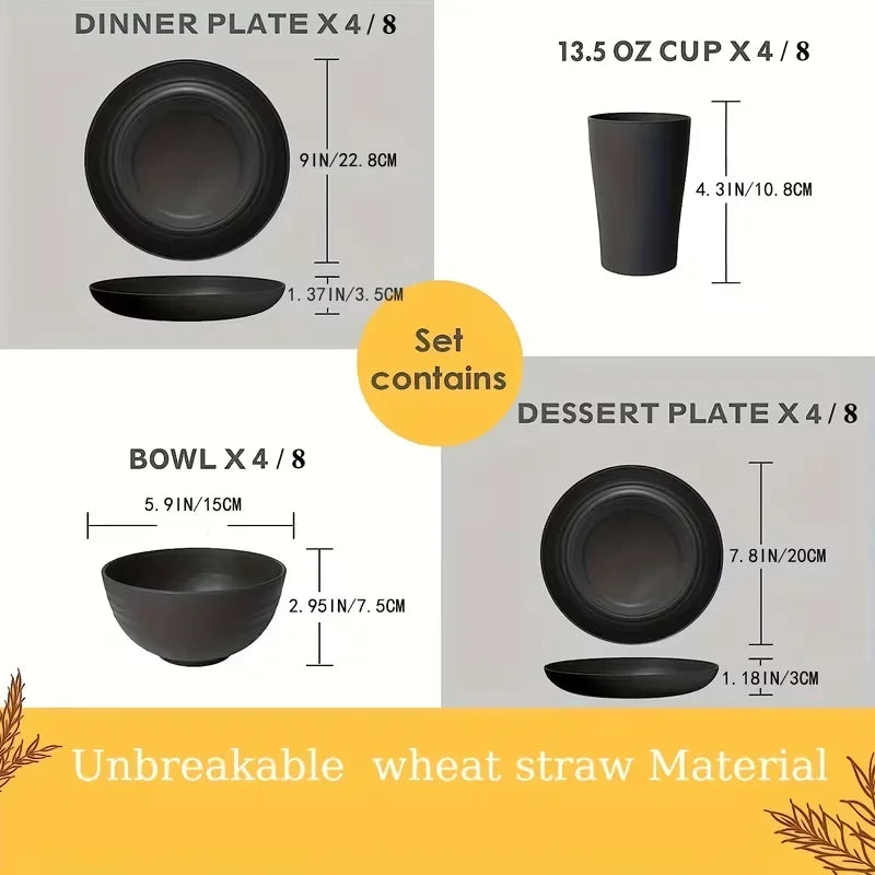 Set di Stoviglie in Plastica da 16/32 Pezzi, Include Piatti Piani, Piattini da Dessert, Ciotole e Tazze, per Uso Domestico e Ristorazione