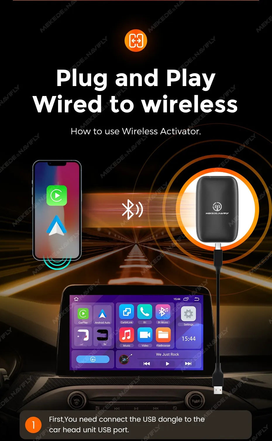 MEKEDE AI BOX Kit CarPlay con Sistema Operativo Android, CarPlay Wireless, Sistema di Intrattenimento Multimediale per Auto, Box TV Intelligente per Netflix e YouTube