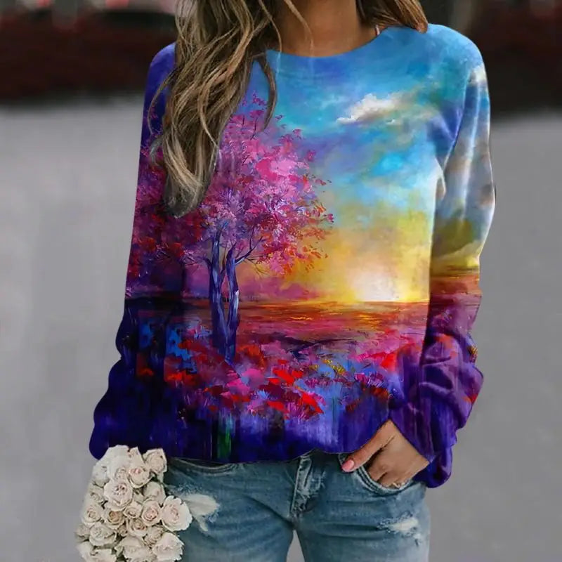 Autunno Paesaggio 3D Stampa Felpe Maniche Raglan da Donna Eleganti Felpe Casual Y2k Pullover Harajuku Magliette E Camicette Abbigliamento Femminile